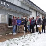 NHBP Tribal Members gather outside the Athens Township Offices in the snow after the April 18 meeting.