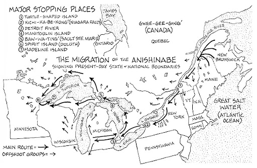 Figure 1. The Migration of the Anishinabe Showing Present-Day State and National Boundaries. Reprinted from"The Migration of the Anishinabe" by E. Benai, 2010, The Mishomis Book: The Voice of the Ojibway, p. 102.